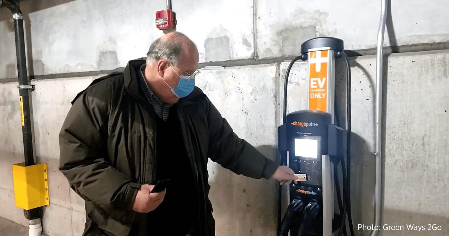 Paul Jensen from Green Ways2Go! showing off a ChargePoint EV charger
