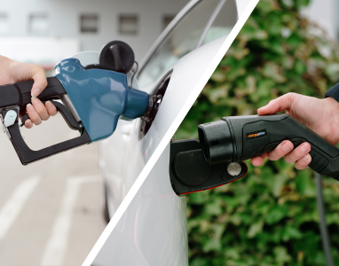 Split image of hand refueling a car and plugging a ChargePoint connector into an electric car. Split image of hand refueling a car and plugging a ChargePoint connector into an electric car.